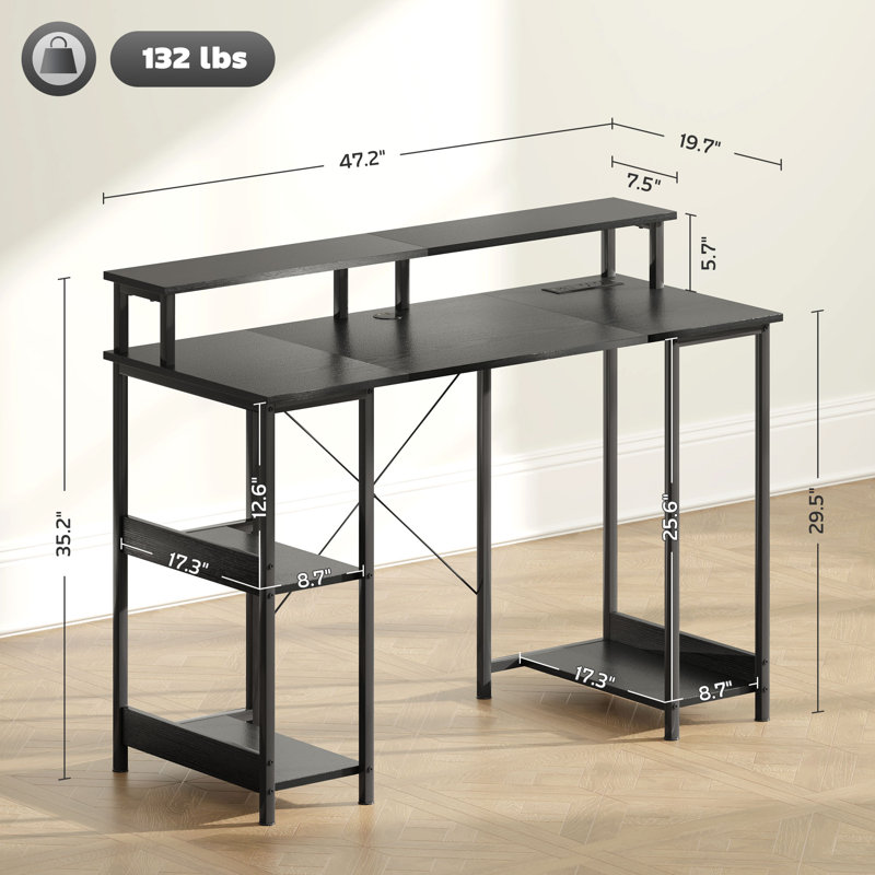Table d'ordinateur réversible avec prises de courant et lumières DEL, H 35,2 po x l 47,2 po x P 19,7 po, Noir