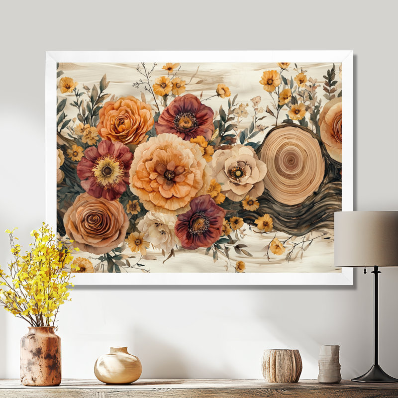 Bouquet d'automne assorti de fleurs sur une glissoire en bois, 12" H x 20" W, Picture Framed, White
