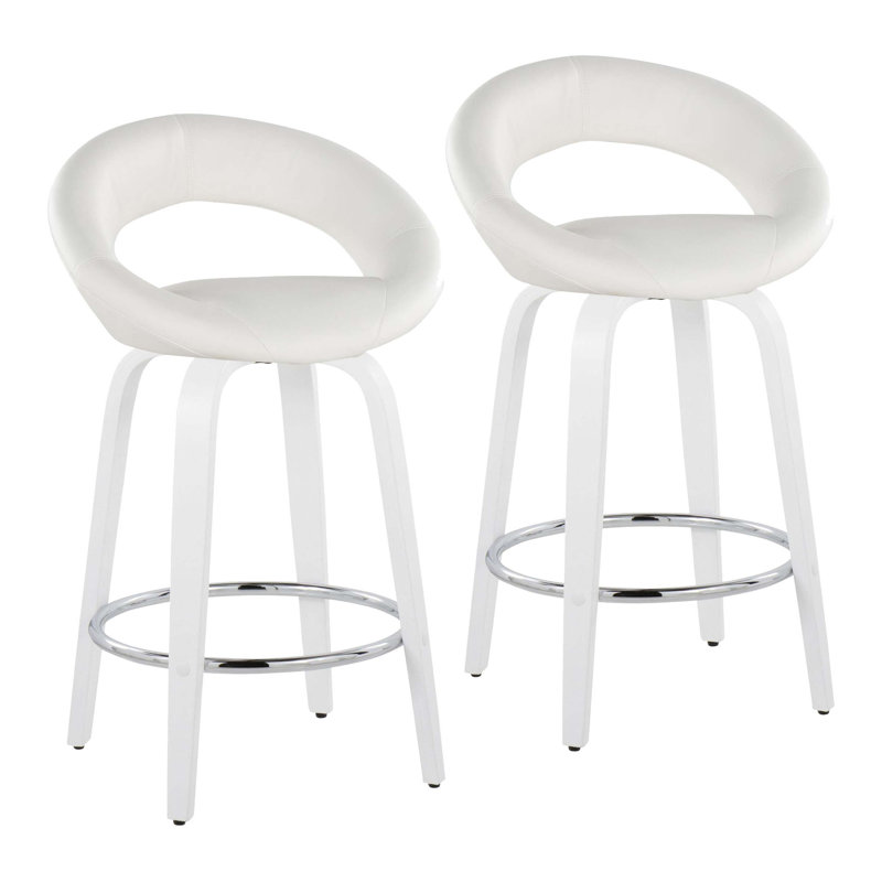 Tabouret de comptoir à hauteur fixe avec pivot en bois blanc et similicuir avec repose-pieds rond chromé - ensemble de 2