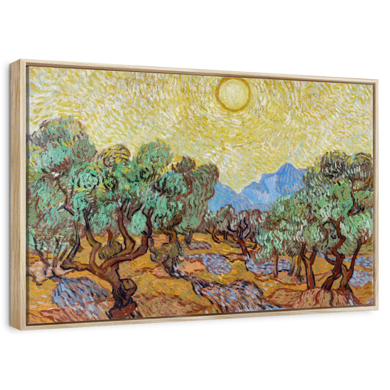 Oliviers avec ciel jaune et soleil, Cadre flottant en bois naturel, 43 po x 29 po