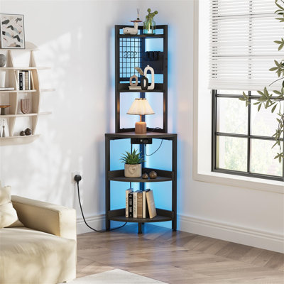Tall Corner Shelf With Power Socket And Light Strip, 5-Tier Freestanding Industrial Corner Bookshelf Plant Shelf