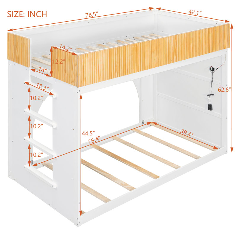 Lit superposé en bois avec échelle, bande lumineuse DEL et sommier à lattes, Simple sur simple, Blanc / naturel