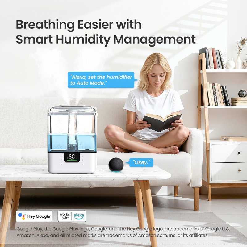 Humidificateur intelligent 6L avec application et commande vocale - autonomie à double buse 50H pour une grande pièce, affichage à DEL avec indicateur de confort, veilleuse 7 couleurs et aromathérapie, capteur d'humidité automatique
