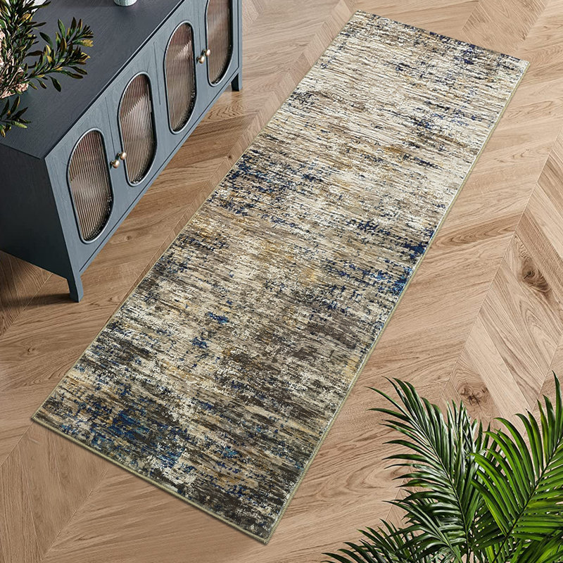 Washable Runner Rug 2 x 6 Modern Abstract Hallway Rug with Non-Slip Backing, Contemporary Printed Carpet Runner, Stain-Resistant Low Pile Area Rug for Kitchen, Bedroom, Laundry, Blue Camel