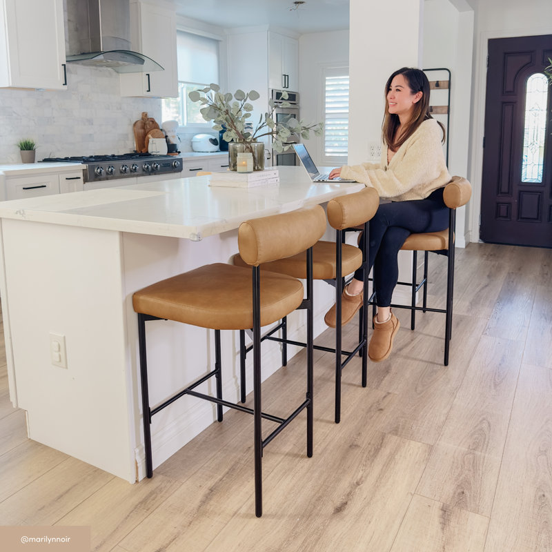 Faux Leather Bar Stool with Metal Legs, 1, Counter Stool (26" Seat Height), Brown/Faux Leather