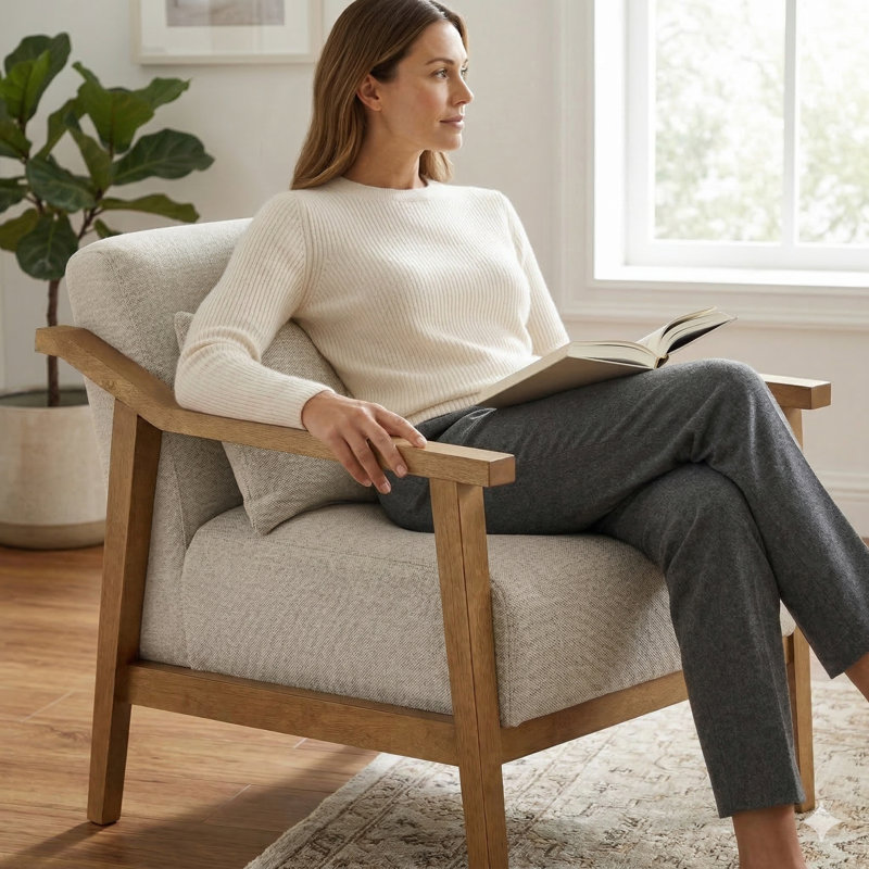 Copperleaf Rayn Solid Wood Upholstered Accent Chair, Natural Oat Performance Weave