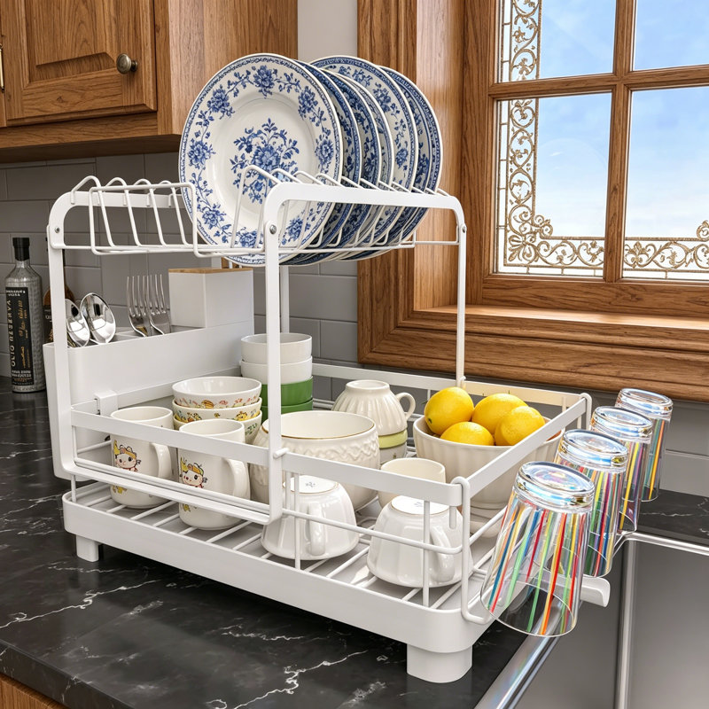 2-Tier Dish Drying Rack, Large Dish Rack, White