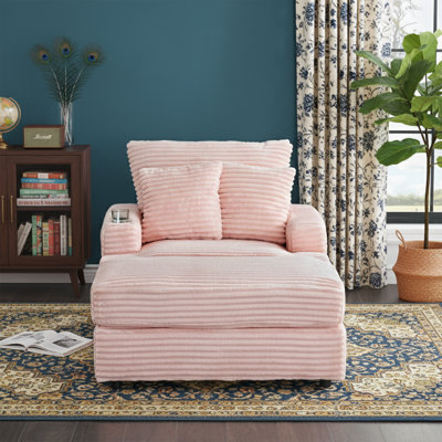 39'' Pink Corduroy Accent Chair & Ottoman Set - Built-in Cup Holder - Spring Upholstered