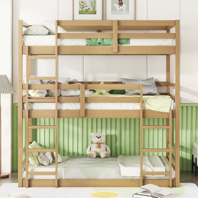 Natural Rubber Wood Triple Watsons Bunk Bed Featuring Two Built-In Ladders, Guardrails, And Detachable Design