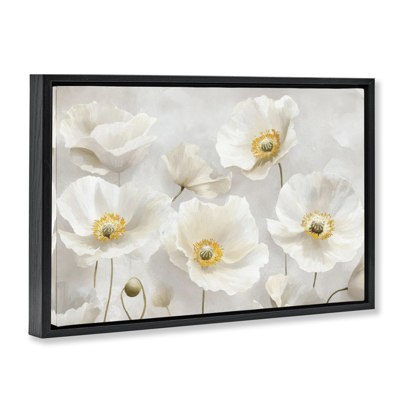 Élégant cadre flottant floral blanc, design par Petal Prints Design, Cadre flottant noir de jais, H 17 po x l 25 po