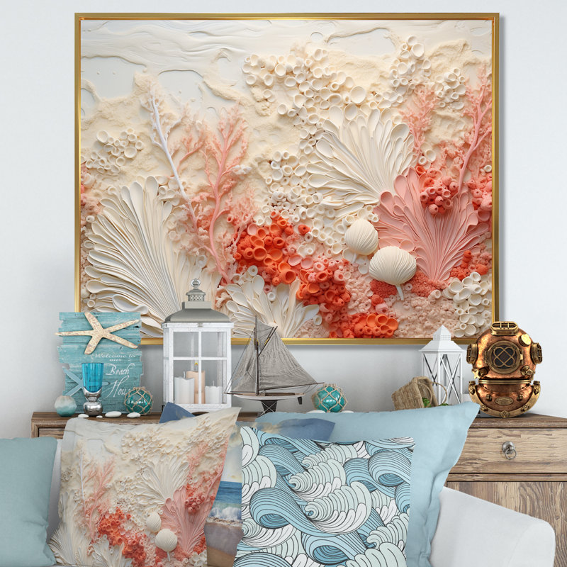«Rose and White Coastal Coral Collage V - Coastal Coral Under Water», art mural encadré, H 12 po x l 20 po x P 1 po