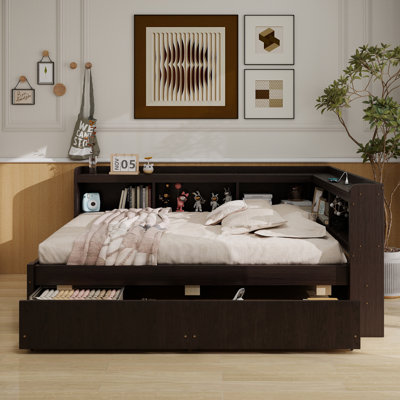 Full Size L-Shaped Bookcases Bed With Power Outlets, USB Charging Ports,Two Drawers,Espresso