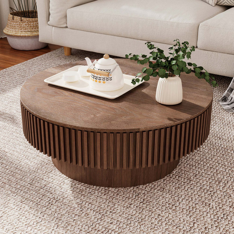 31.5" Modern Round Coffee Table With Storage Solid Wood Veneered Coffee Table Accent Tea Table, Walnut