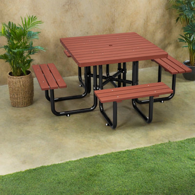 Ensemble de pique-nique rustique en bois massif et en acier, spacieux et confortable, idéal pour votre terrasse ou votre jardin.