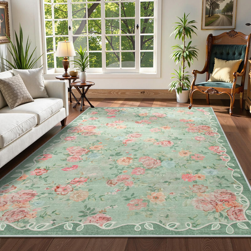 Kaldi Floral Washable Vintage Soft Non Slp Area Rugs for Living Room Bedroom Dining Room Low Pile Thin Boho Carpet, Black