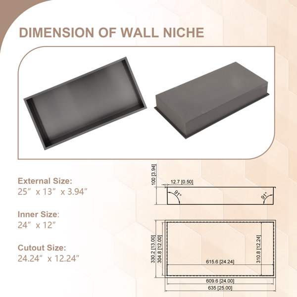 25x13 Inch SUS304 Stainless Steel Wall Shower Niche