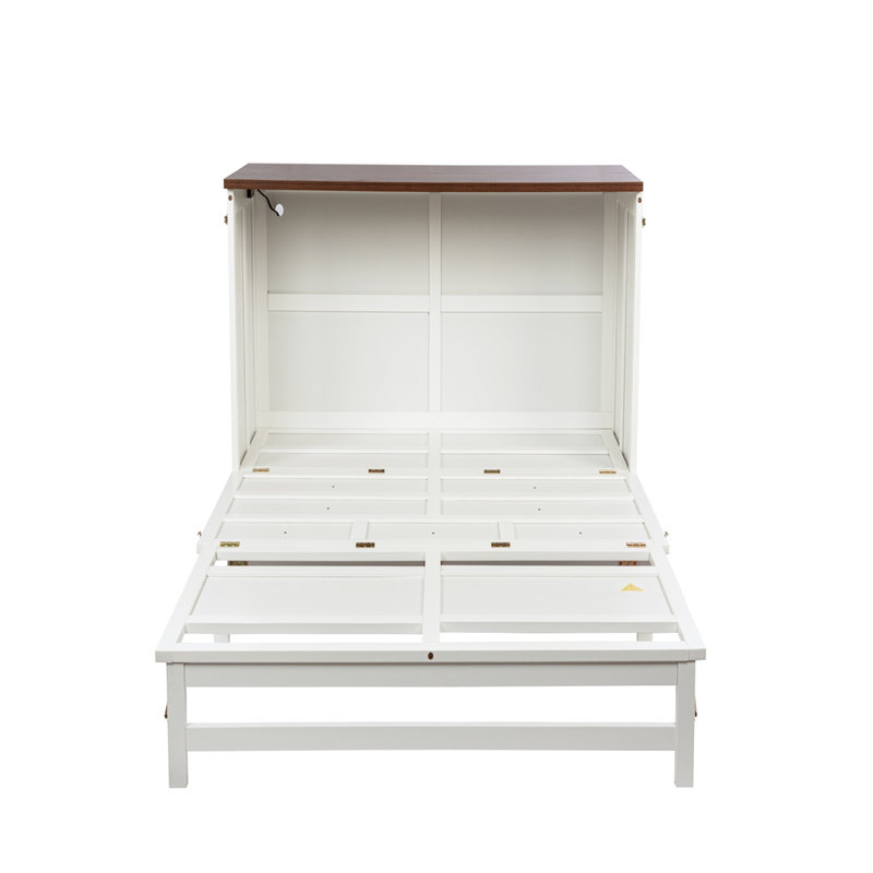 Armoire lit escamotable Murphy avec tiroir de rangement et station de charge, port USB, cadre de lit escamotable en pin massif pour bureau personnel, studio ou chambre d'amis, noyer blanc