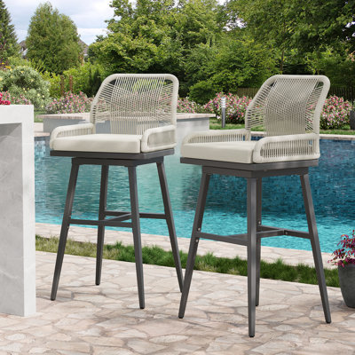 Ensemble de 2 tabourets de bar, tabourets de bar à hauteur de comptoir en rotin, tabourets de bar pivotants avec dossier en corde tissée Boho pour les coussins de jardin de patio de cuisine inclus,