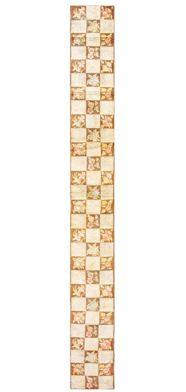 Vintage Mid-20th Century Floral Ivory Brown Checkerboard American Hooked Hall Runner Rug