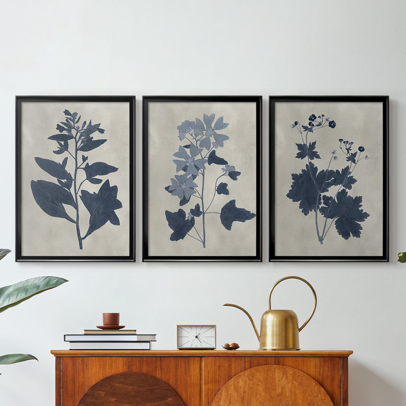 Fleurs pressées bleu marine VI - Toile tendue avec châssis sur mesure - 3 pièces, Noir, H 21 po x l 30 po