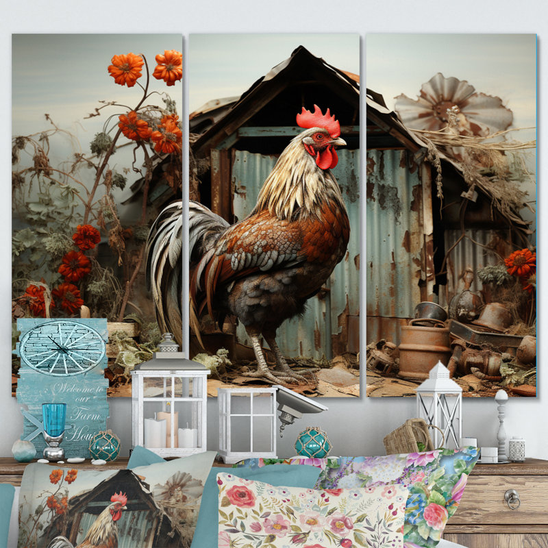 " Roaster Barnyard Serenade I " by Designart 3 - Pieces, 28" H x 36" W x 1" D