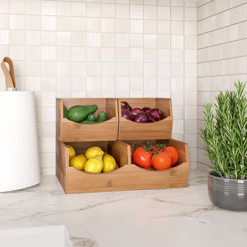 Natural Bamboo Stackable Bin Organizer Set with Three Shelves