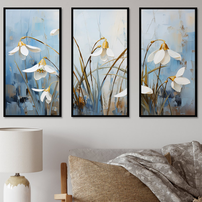Ensemble de salon art mural bleu et doré Flower Simplicity III - Snowdrops, Cadre flottant noir, H 40 po x l 60 po x P 1 po