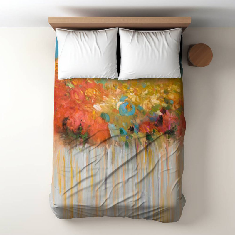 Polyester Sateen Duvet Cover, Twin Duvet, Blue Colorful Abstract Flowers On Grey Background