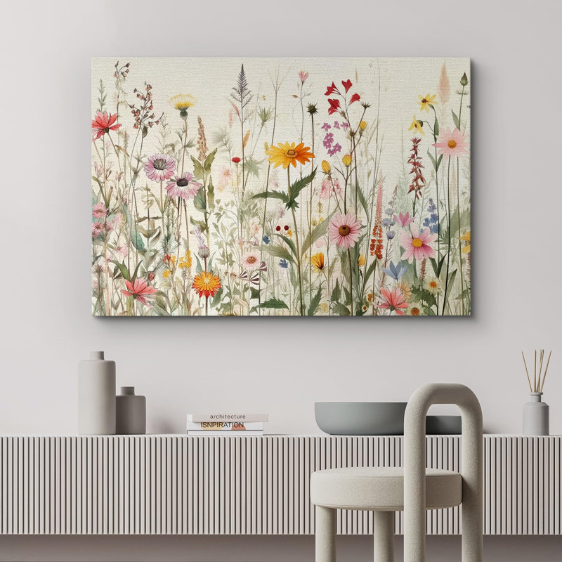 Vibrant Wildflower "Bright Daisy Floral Field Pictures, Spring French Country Living Room Artwork, Large Framed Canvas Print Wall Art"