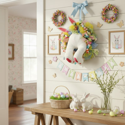 Couronne de lapin de Pâques créative suspendue 15,7 pouces pour porte et fenêtre, ornement en tissu réutilisable, décoration murale suspendue pour les vacances de printemps et la fête de jardin