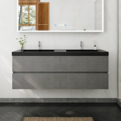 Ensemble de meuble-lavabo flottant gris 60 po avec comptoir en quartz noir et 4 tiroirs souples