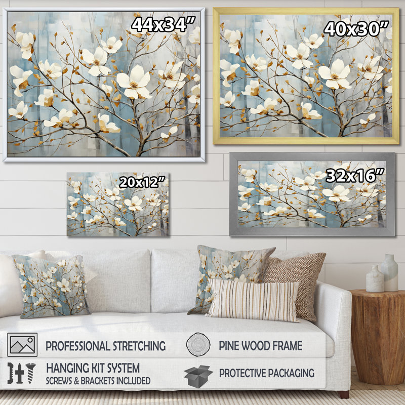 «White Dogwood Blossom Dreams I», reproduction sur toile, Cadre flottant noir, H 16 po x l 32 po x P 1 po