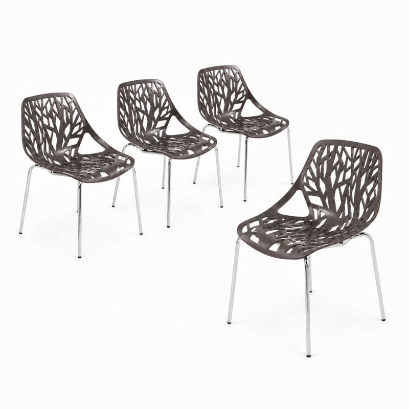 Chaise de salle à manger empilable Hadda avec dossier à découpes florales et pieds en acier inoxydable, Taupe
