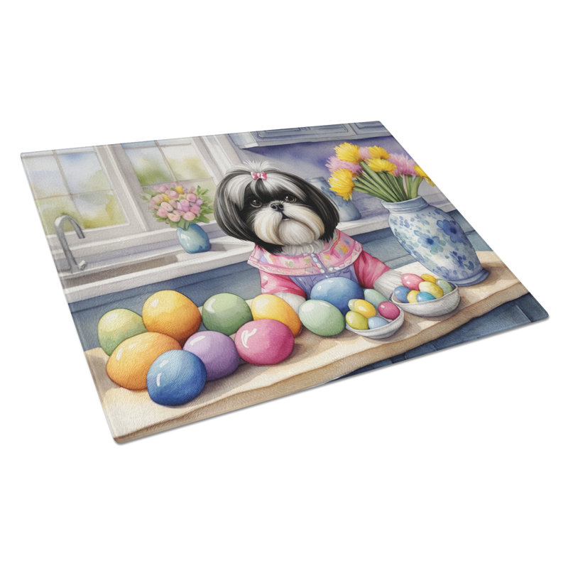 Décoration de planche à découper en verre Shih Tzu de Pâques