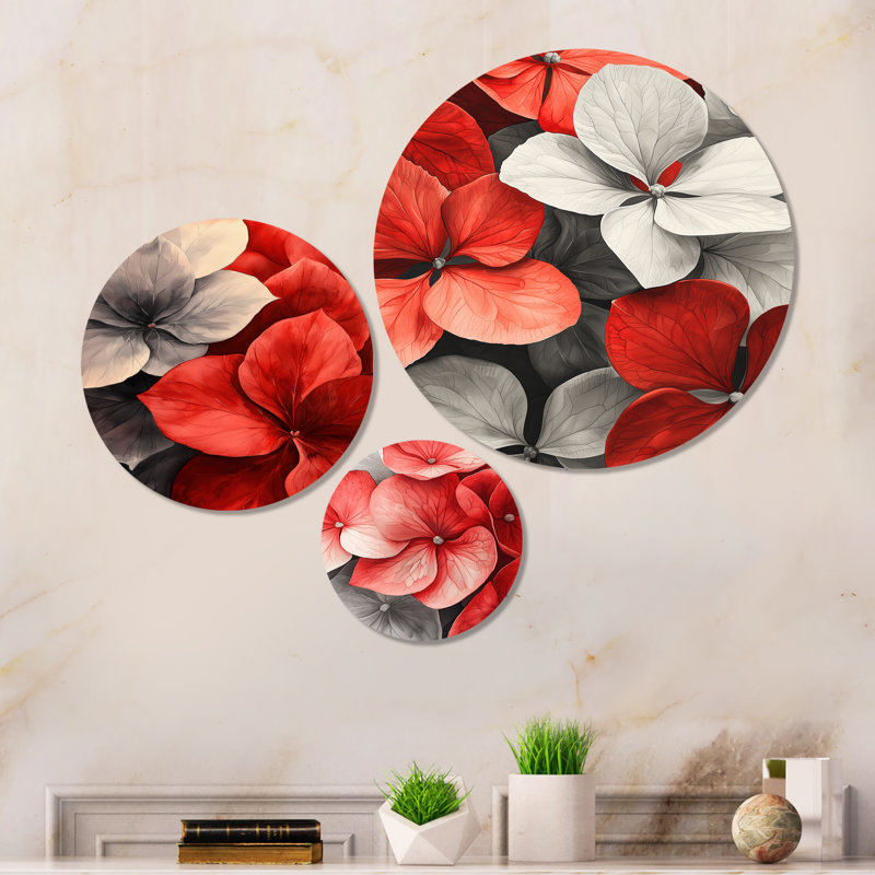 Décoration murale en métal à 3 panneaux avec hortensia rouge et monochrome I