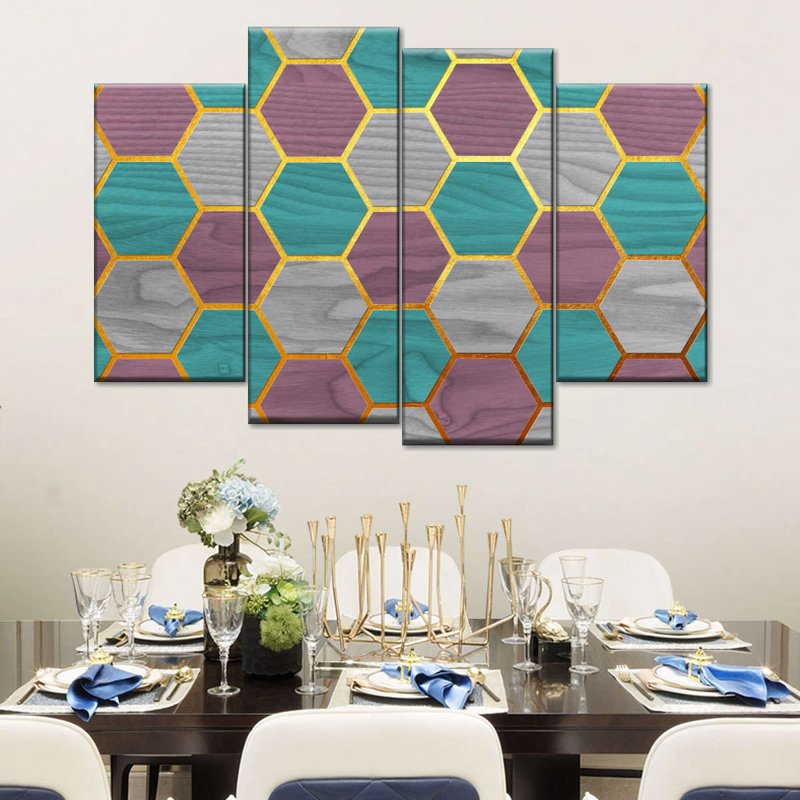 Motif hexagonal abstrait géométrique sur toile, 4 pièces, H 14 po x l 24 po x P 1 po