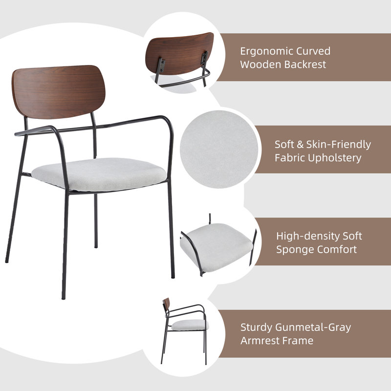 Modern Upholstered Dining Chair With Curved Wood Back, Armrest And Metal Base