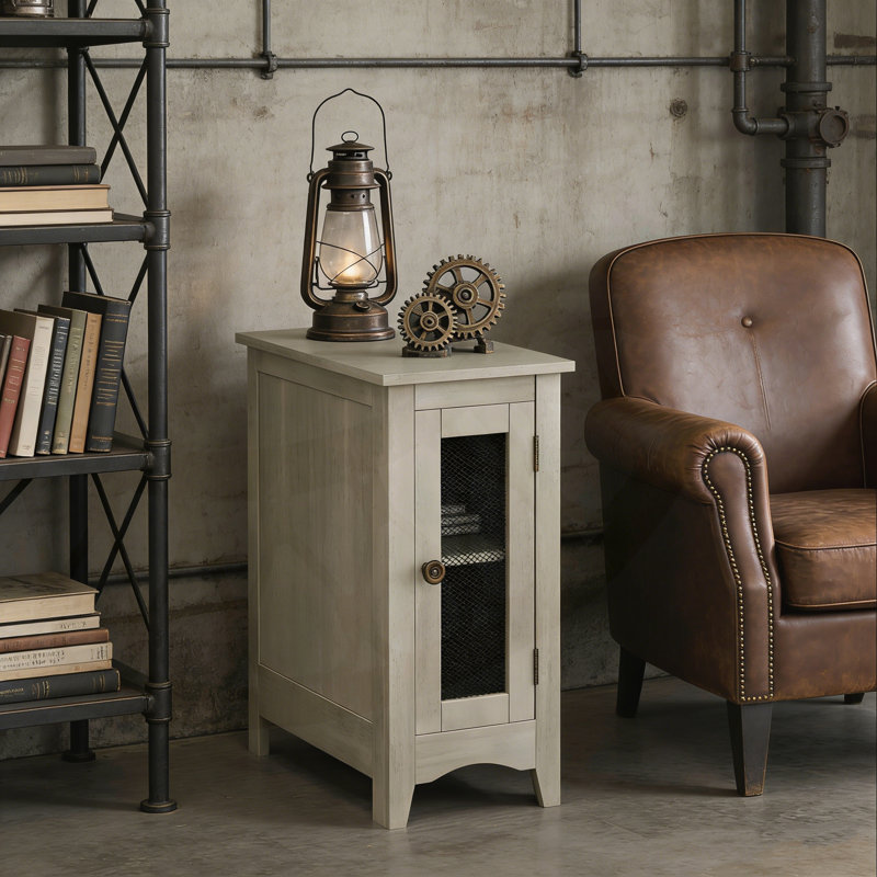 Table d'appoint rectangulaire étroite avec armoire de rangement et porte grillagée en métal pour une polyvalence compacte.