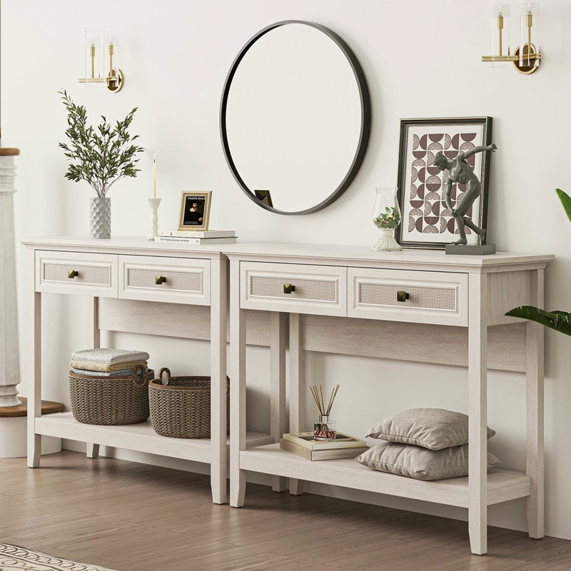 Console Table With Rattan Drawers, Wooden Sofa Tables, Narrow Long Boho Entryway Table, Side Couch Entry Table For Living Room