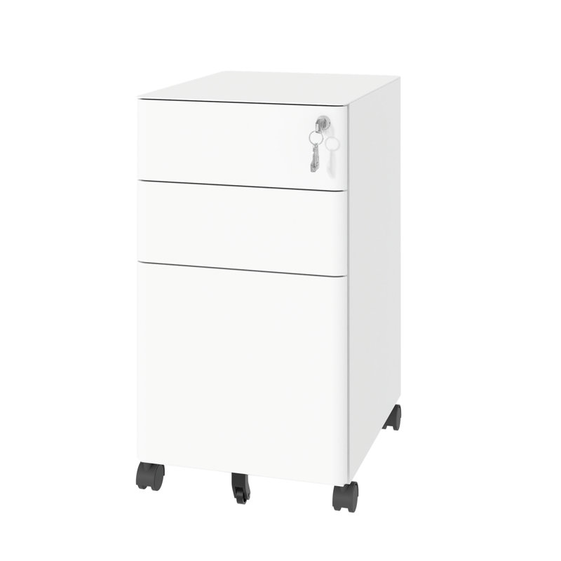 Classeur mobile à 3 tiroirs avec serrure, rangement en métal tout en acier sur roulettes, deux tiroirs profonds pour un bureau / maison, entièrement assemblé, blanc, 110 lb / tiroir, conception anti-basculement