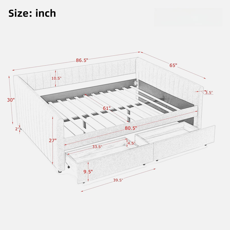 Upholstered Daybed with Two Drawers Rainbolt, Gray