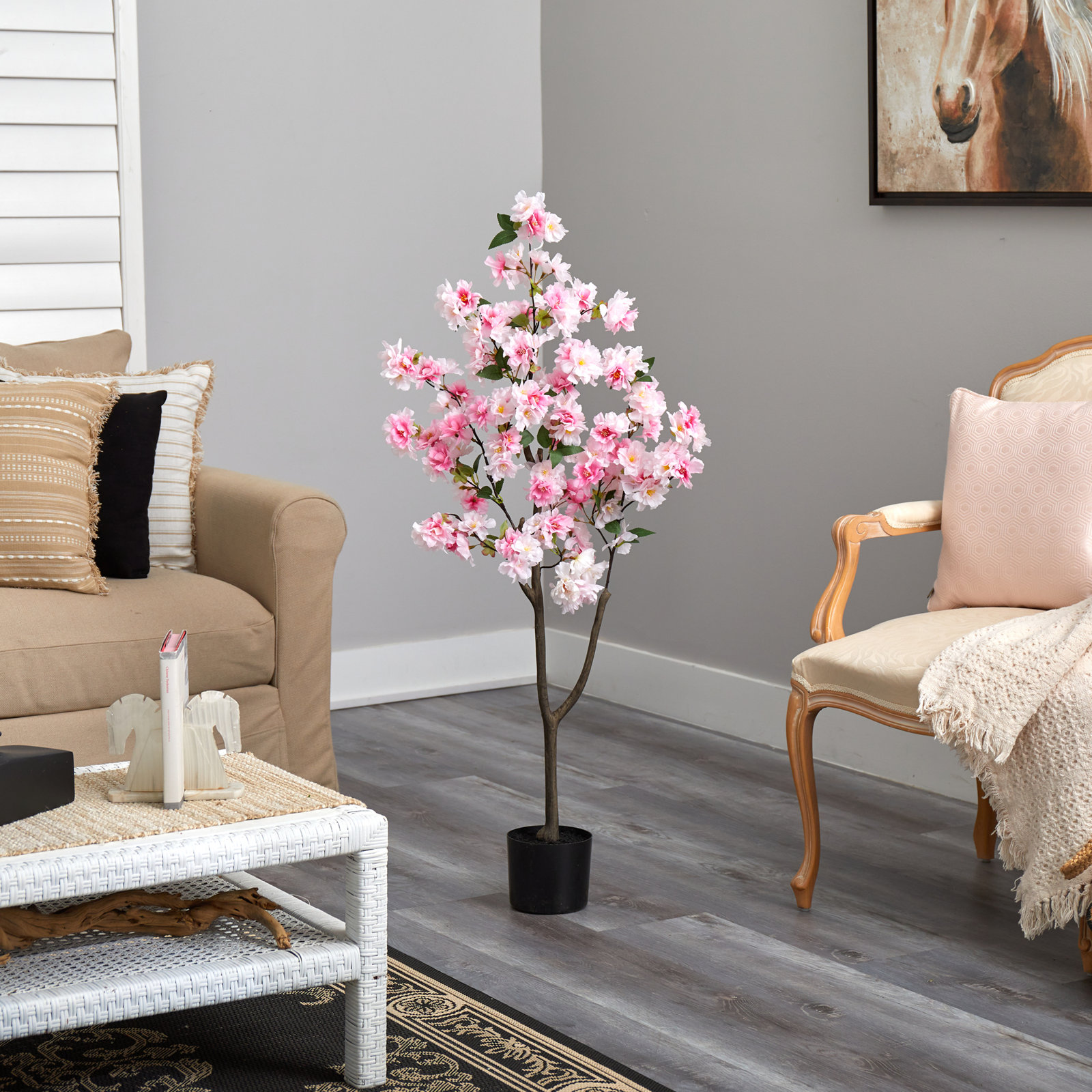 Faux Cherry Blossom Tree in Planter, Pink, 48" H x 23" W x 6" D