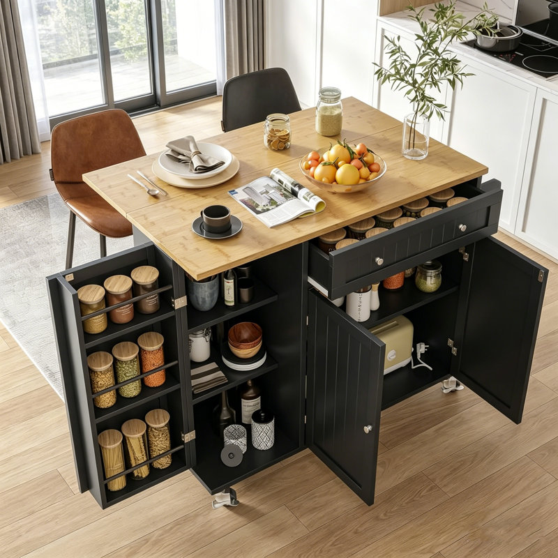 Kitchen Island with Drop Leaf,Towel Rack,Large Capacity Rolling Cart with Spice Rack and Storage, Black