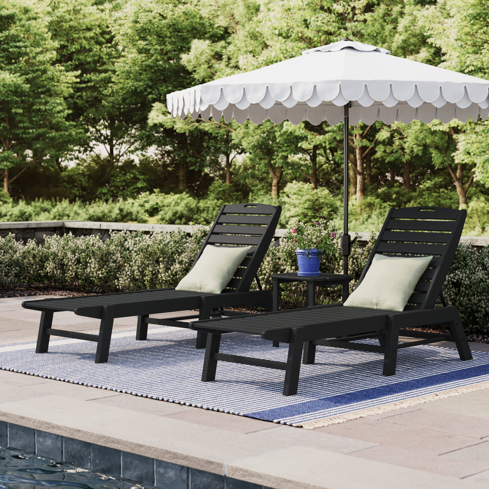 Nautical 3-Piece Chaise Lounge Set with South Beach 18" Side Table, Black