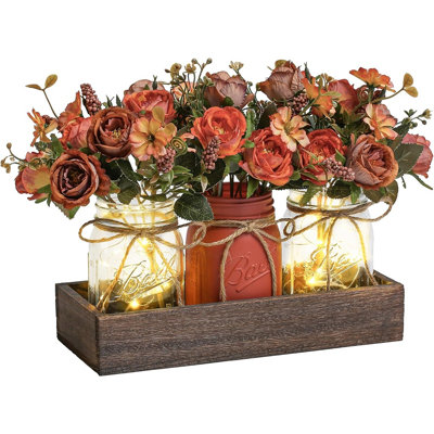 3 Pcs Mason Jar Centerpiece Table Decor With Wooden Tray And Led Lights, Farmhouse Dining Table Decoration For Kitchen, Coffee Table, Living Room, Bathroom