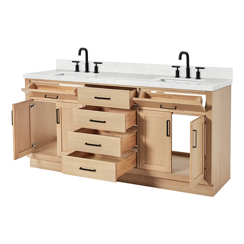 Meuble-lavabo double en bois massif 72 po avec plateau en quartz Carrara de 1,5 po Thornaby, Forme rectangulaire