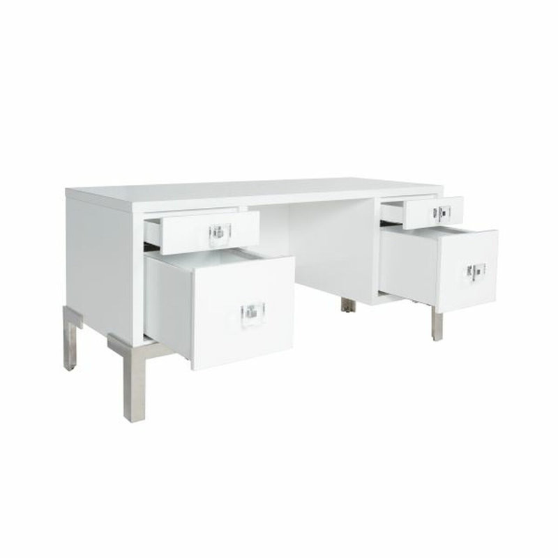 Matte White Lacquer and Nickel Home Office Desk with Drawers