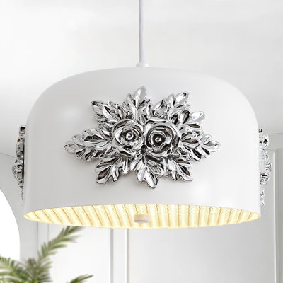 French Milk White Silver Floral Pendant light 10.2" vintage 3-Light Fixture Elegant Flower Kitchen Island Chandelier Art Deco Rose drum-shaped Adjustable Hanging For Dining Room Hallway Entryway