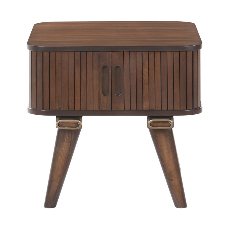 Table de bout en bois de noyer avec portes tambour pour un rangement pratique dans le salon avec une finition carrée moderne et une porte de compartiment décorative