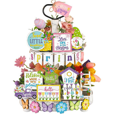 Hello Spring Tiered Tray Decor Easter Vintage Colorful Flower Butterfly Gnome Boots Wooden Centerpiece Signs With LED String Spring Easter Wooden Sign For Home Farmhouse Rustic Decor